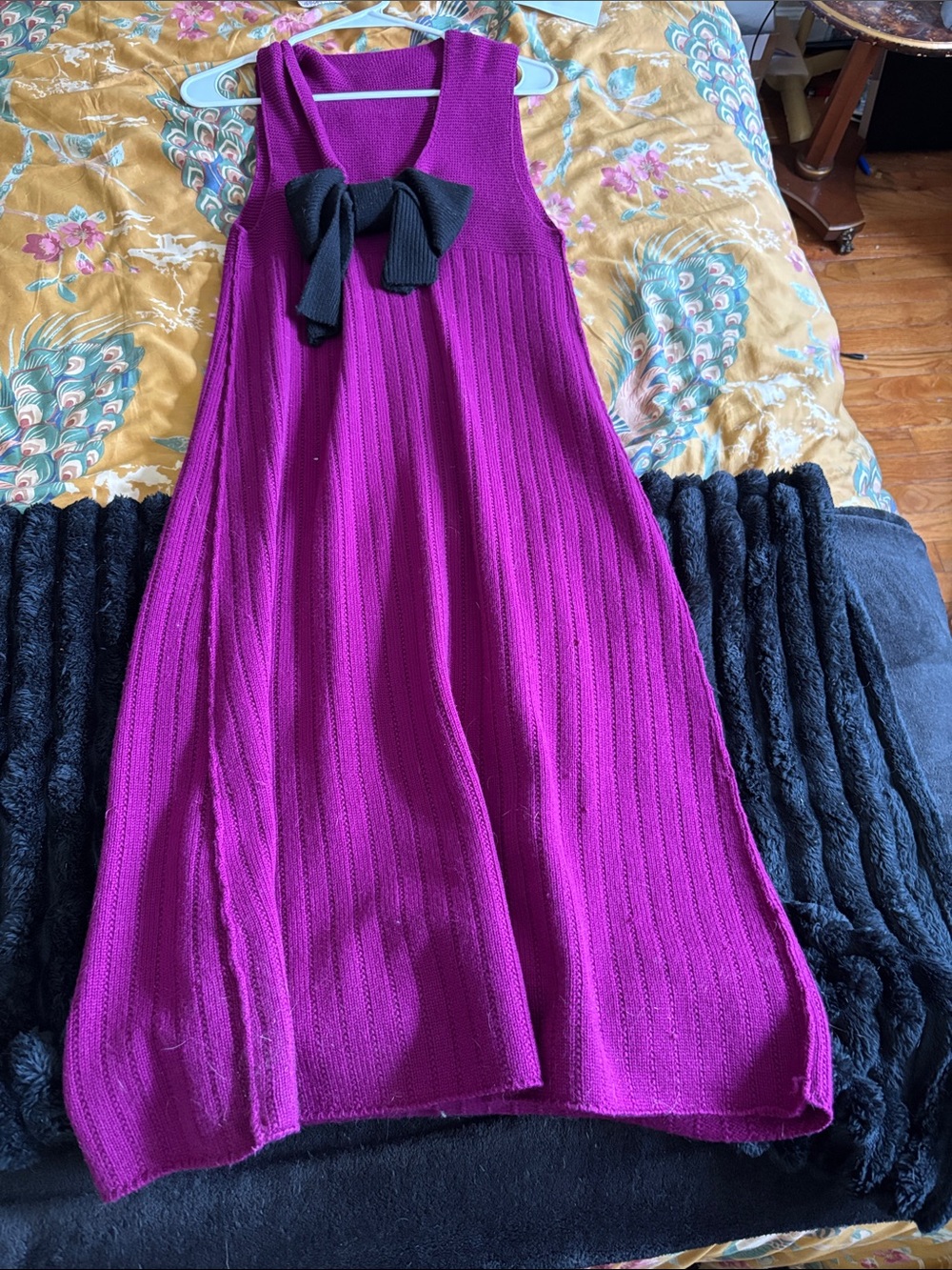 Sonia Rykiel Magenta Knit Sleeveless Dress with Black Bow